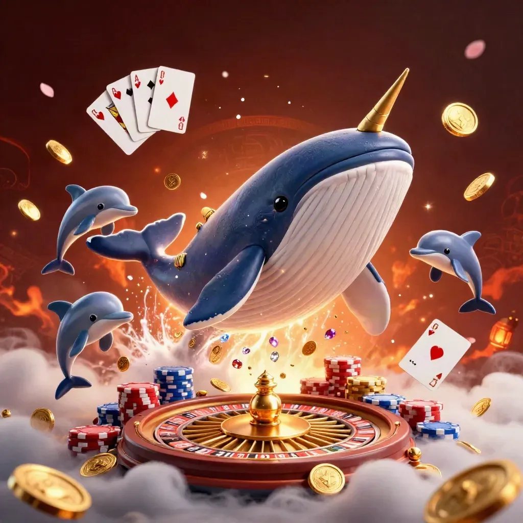 Whale captain, narwhal, and dolphins amid glowing casino coins, gems, chips, and a roulette wheel.