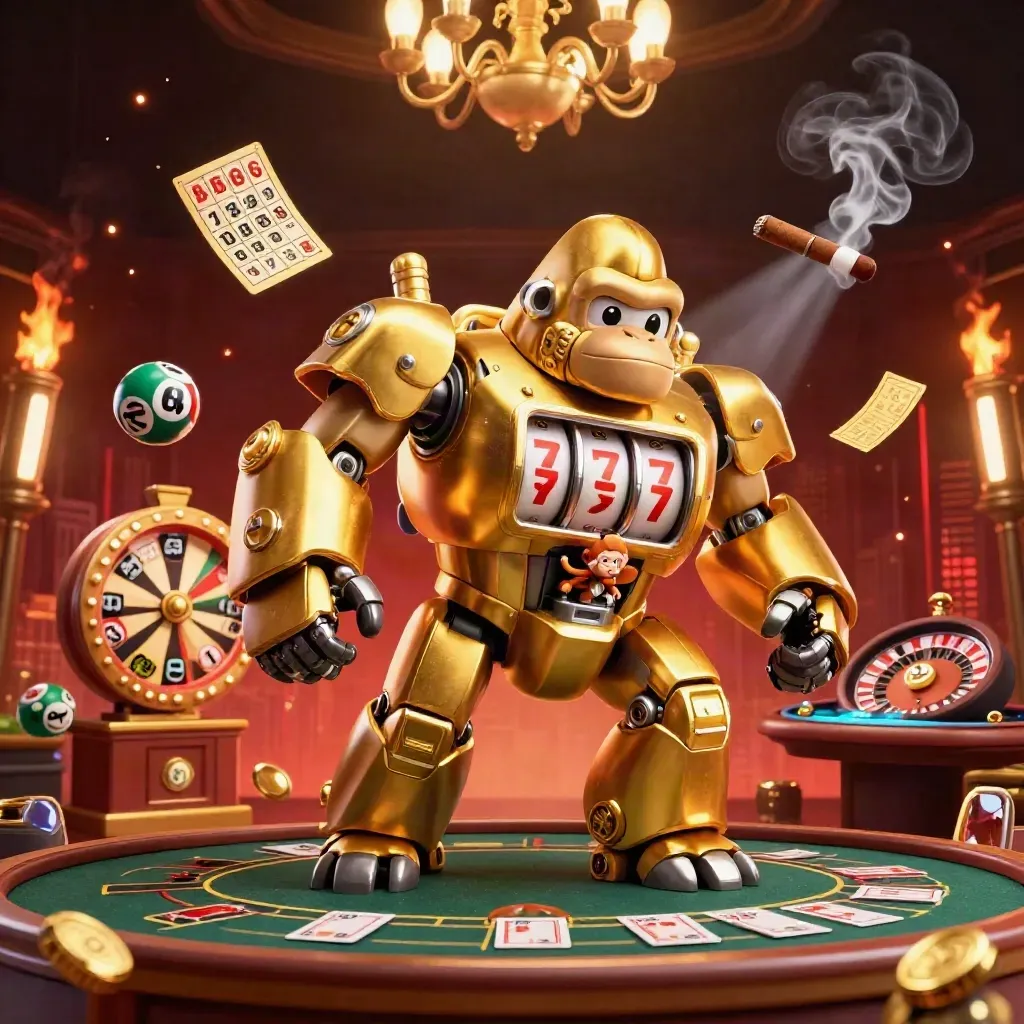 Golden gorilla mech with tiny monkey pilot amid casino props, glowing red skyline and casino lights.