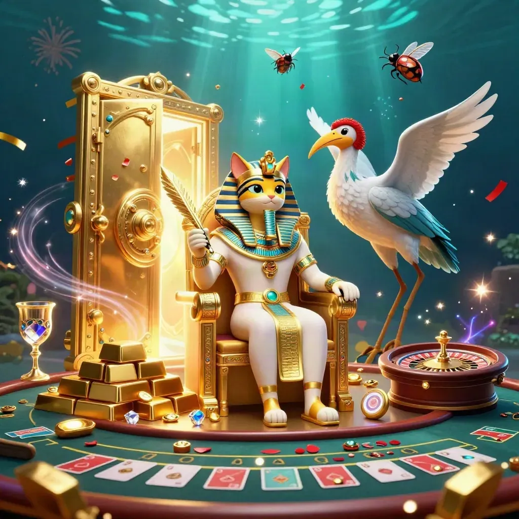 Pharaoh cat, ibis scribe, and gem-wing scarabs amid gold, vault light, and casino glamour.
