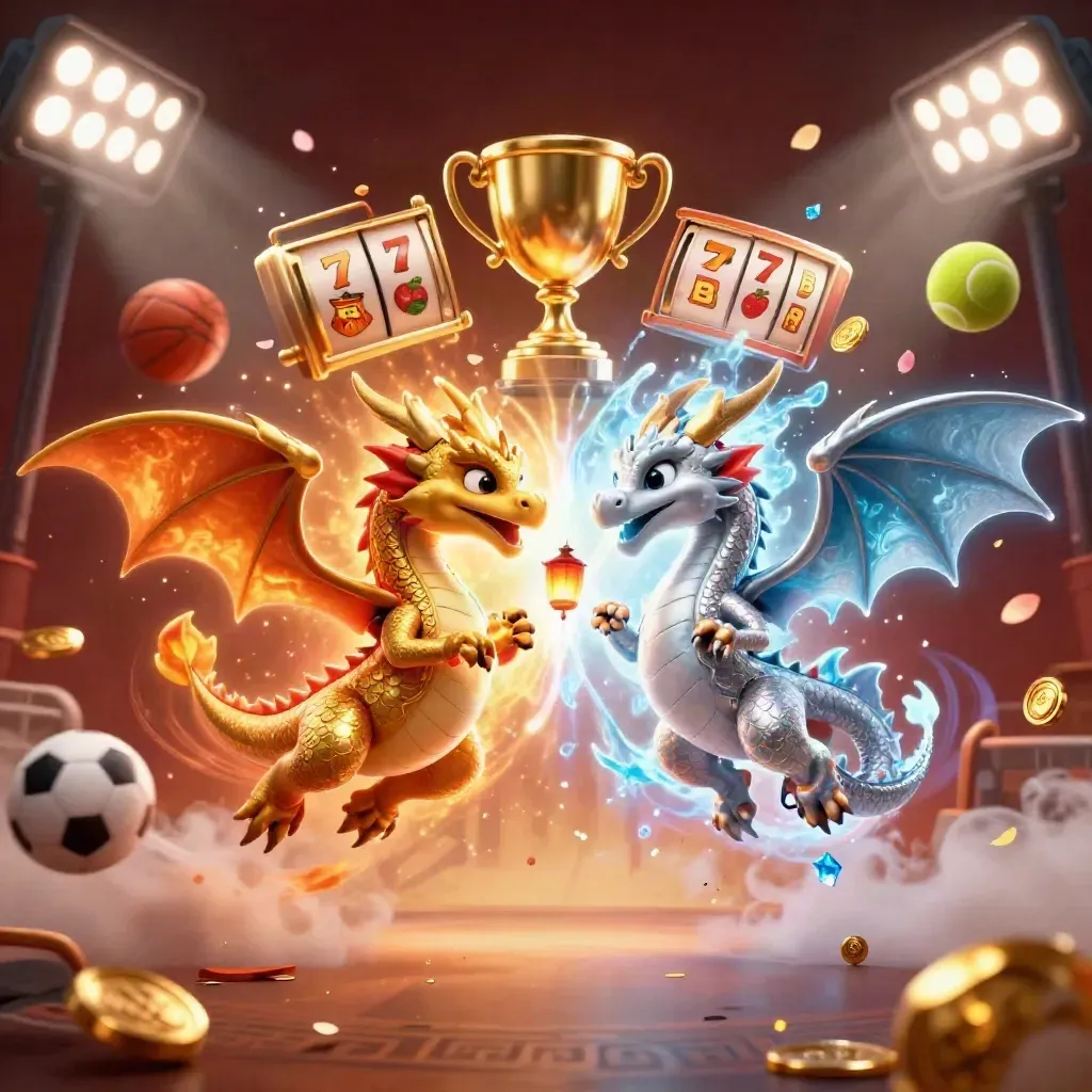 Twin gold and silver dragons swirl with fire and ice, while casino symbols and coins burst around them.