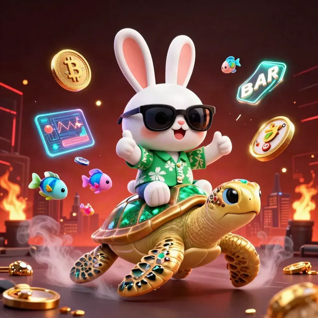Lucky rabbit rides a golden sea turtle amid emerald gems, coins, neon links, and casino sparks.