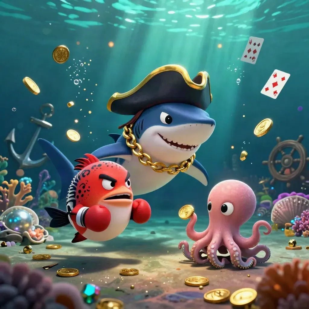 Pirate shark, boxing pufferfish, and coin-juggling octopus in an emerald treasure cove.