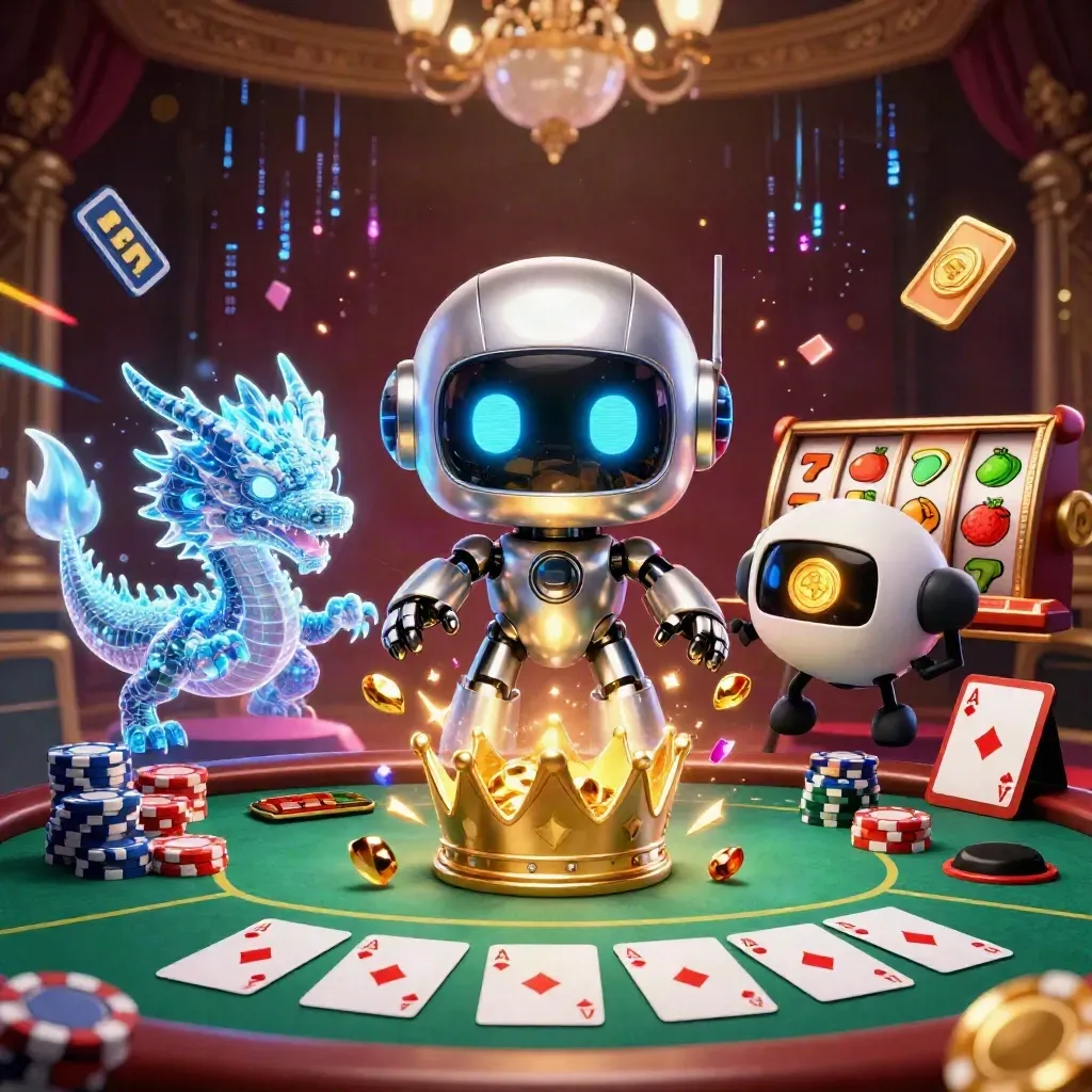 Cyberpunk robot, holographic dragon, and coin drone burst amid chips, cards, and neon casino glow.