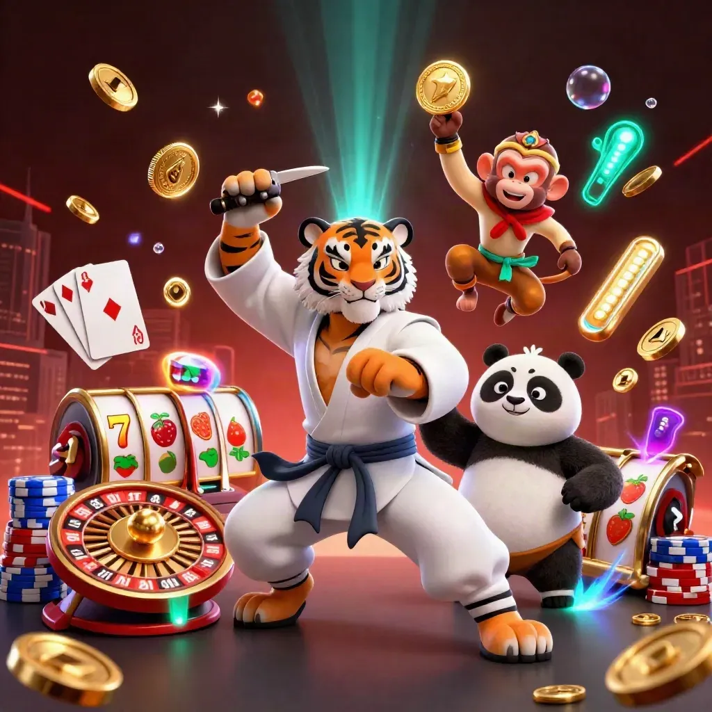 Kung-fu tiger, panda, and monkey amid coins, roulette, cards, chips, and neon casino light