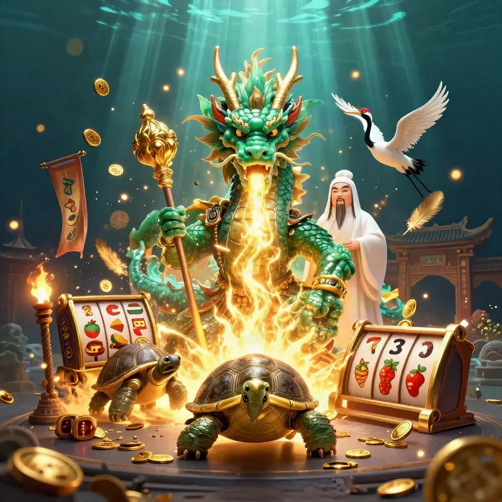 Emerald dragon, turtle sage, and cranes amid gold fire, temple gate, coins, and neon casino effects.