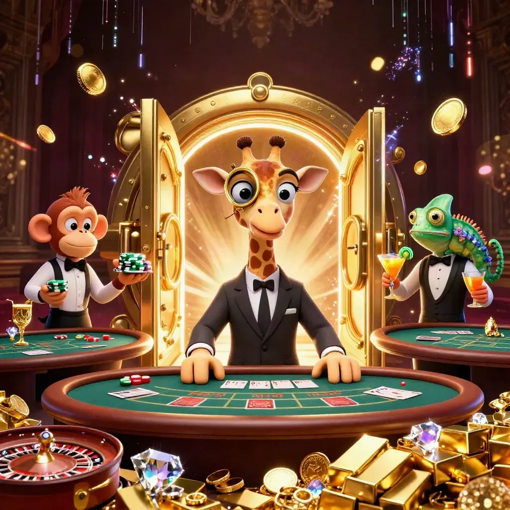 Giraffe, monkey valet, and chameleon bartender amid vault gold, roulette spin, and casino sparks