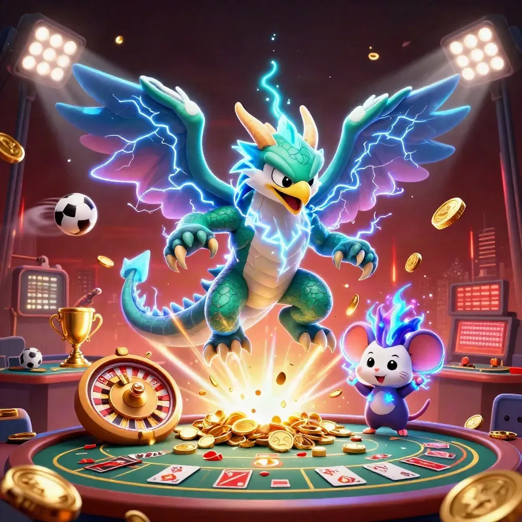 Thunder dragon, wind hawk, and crackling mouse amid casino treasures, roulette spin, and neon light.