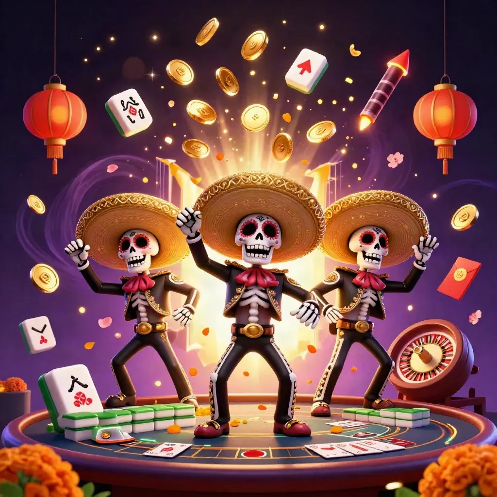 Skeleton mariachi trio amid coins, lanterns, roulette wheel, and fireworks in a neon casino burst.