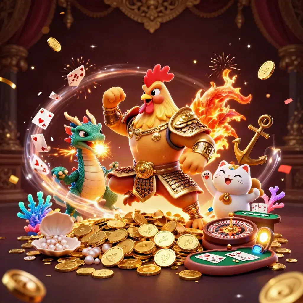 Rooster warrior, dragon hatchling, and fortune cat amid coins, roulette, treasure, and fireworks