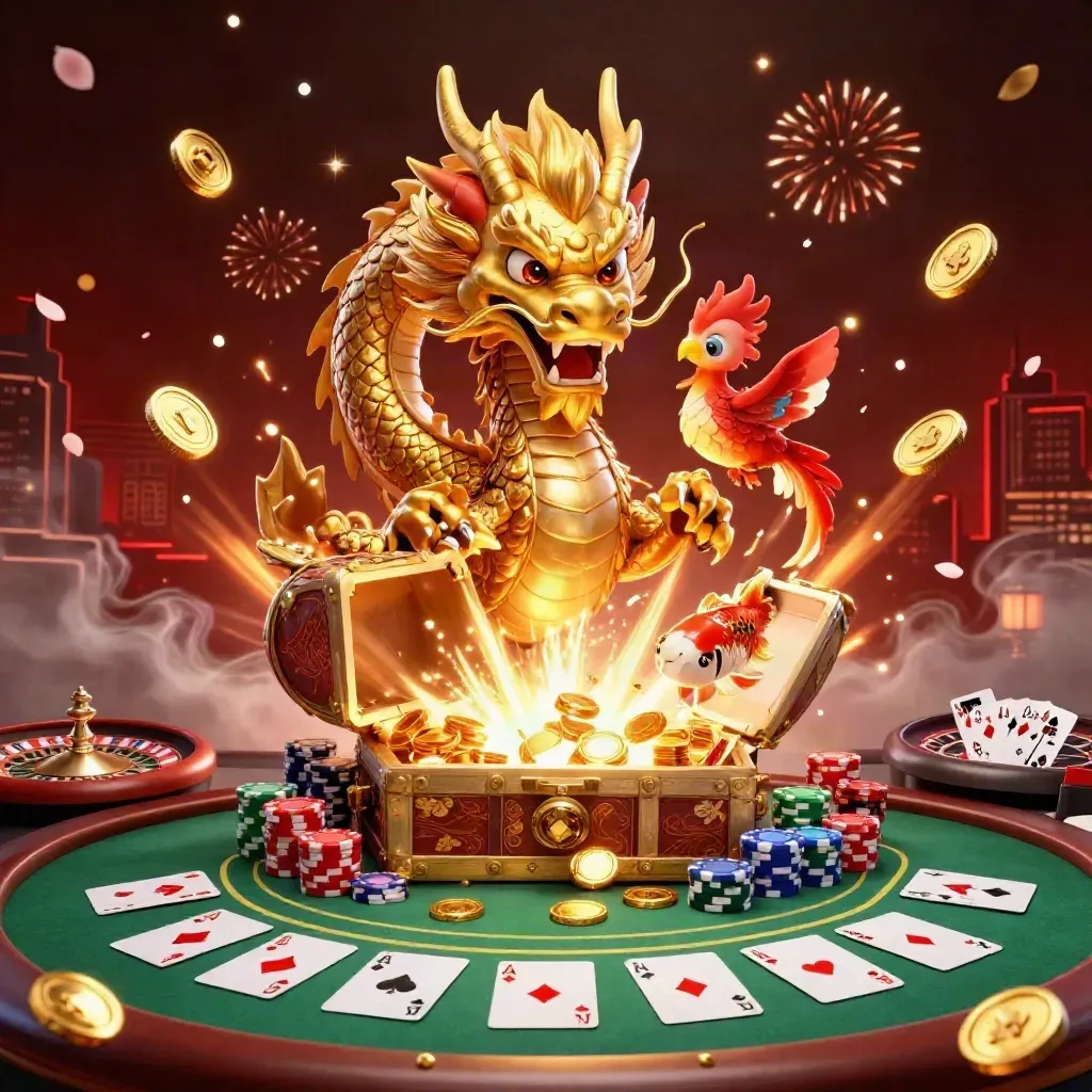 Golden dragon, phoenix, koi, coins, chips and roulette wheel bursting in neon casino luxury.