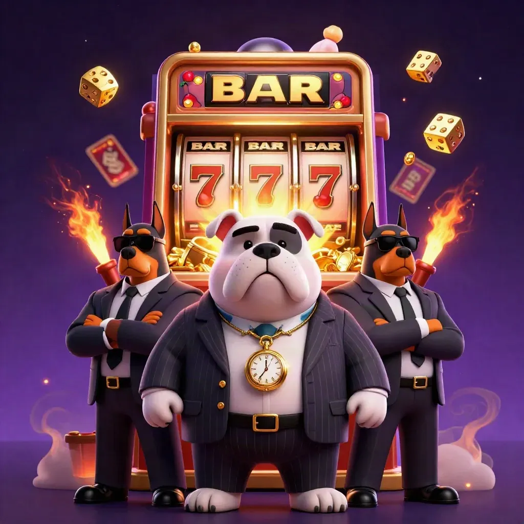 Bulldog mob boss and two Dobermans amid a bursting slot machine, gold and ruby casino energy.