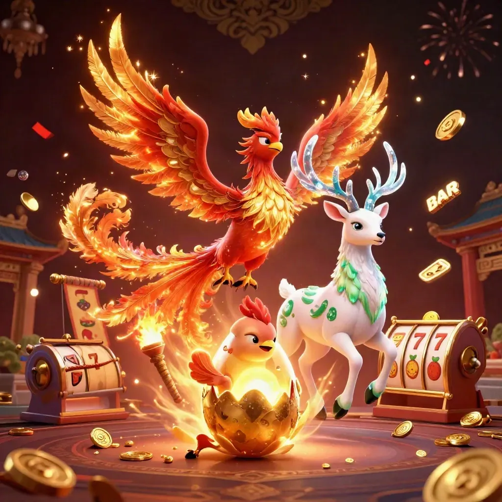 Fire phoenix, baby phoenix, and crystal-antlered stag amid casino gold, coins, reels, and dark damask glow.