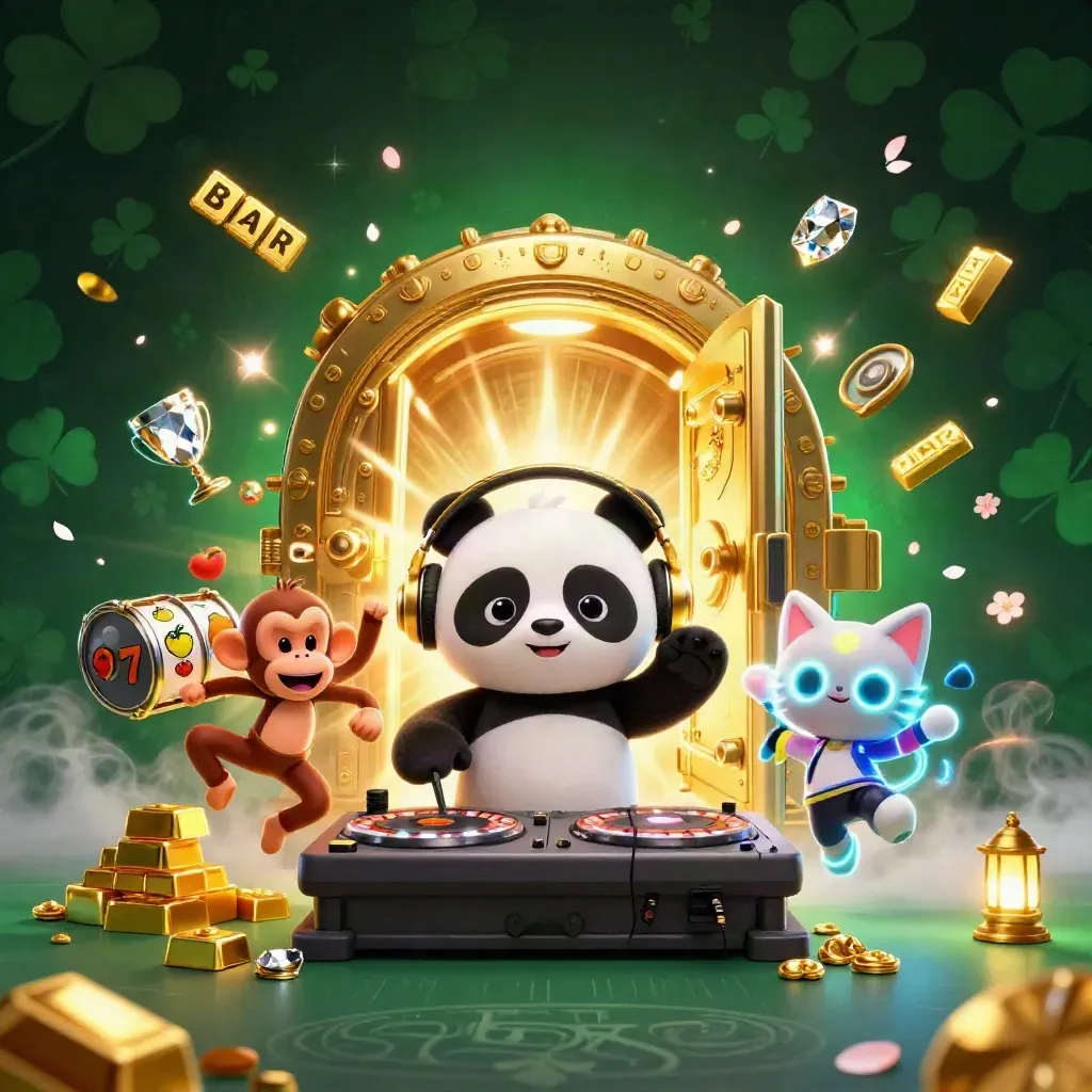 DJ panda, dancing monkey, and glow-stick kitten burst from a glowing vault with casino treasures.