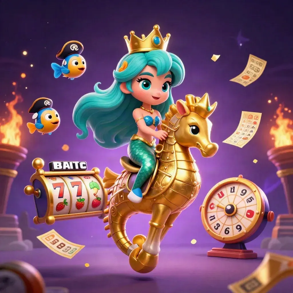 Mermaid princess on golden seahorse amid pirate fish, reels, balls, wheel, and ember glow.