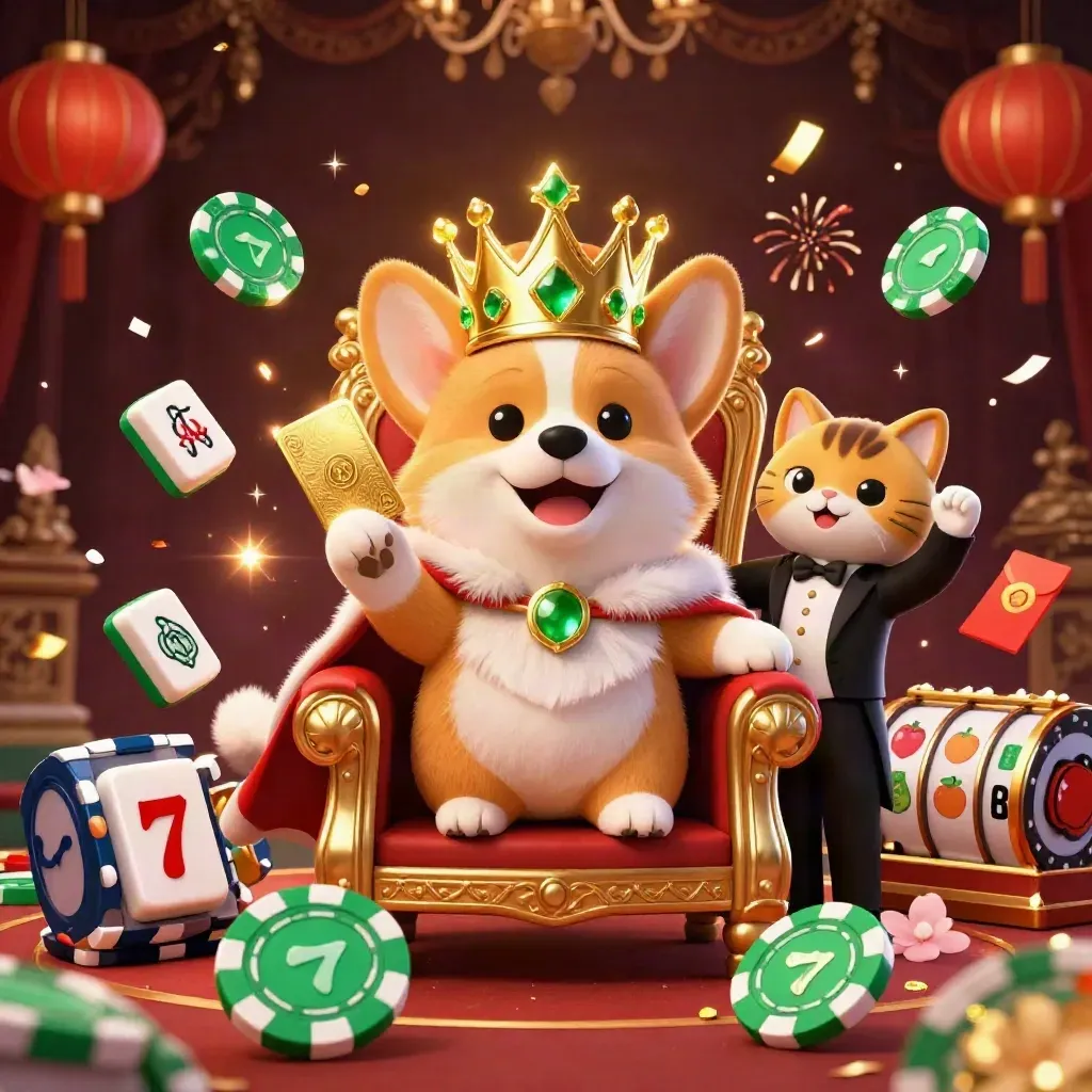Royal corgi and cat butler amid gold chips, lanterns, jade coins, fireworks and slot symbols.