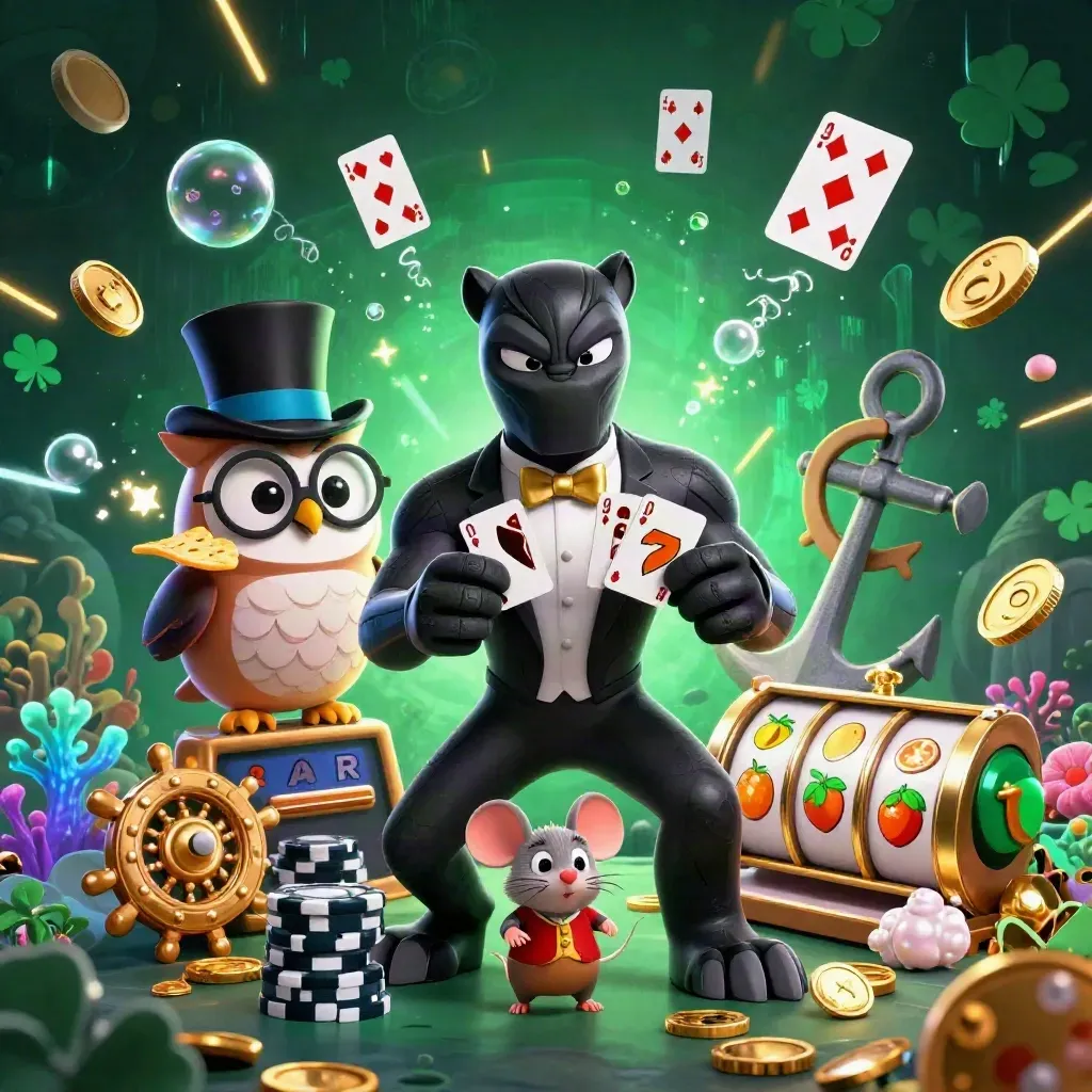 Panther, owl, and mouse amid casino treasure, glowing chips, coral, reels, and neon energy.