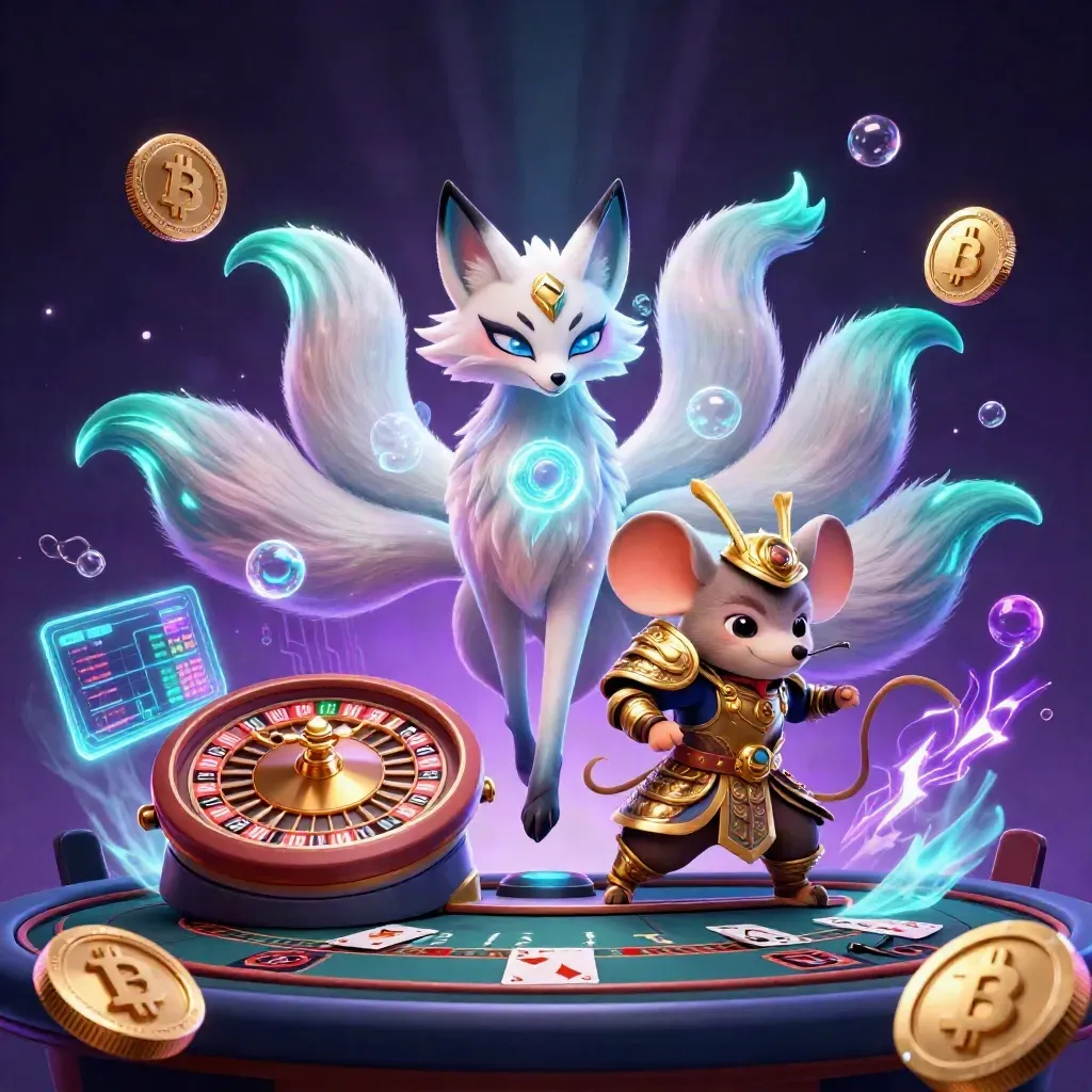 Neon fox spirit and golden mouse with roulette wheel, crypto coins, and casino glow.