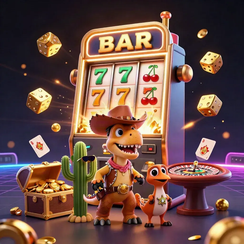 Cartoon cowboy T-Rex trio amid slot machine, dice, roulette wheel, and gold treasure