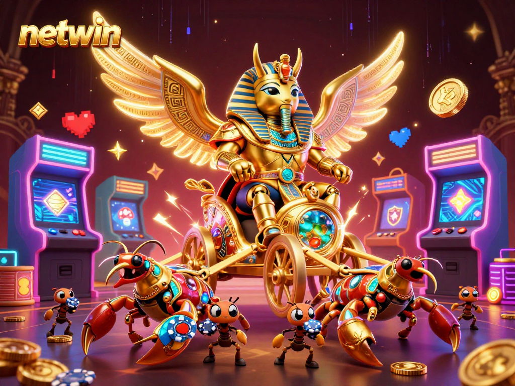 Experience thrilling gameplay with netwin's colossal golden scarab beetle and poker elements in a vibrant casino scene.