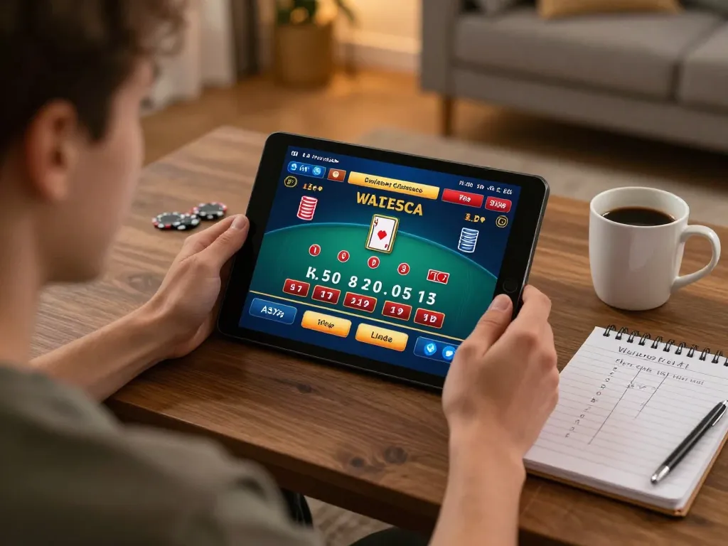 Experience link fly88 with an engaging online blackjack session on a tablet in a cozy home.