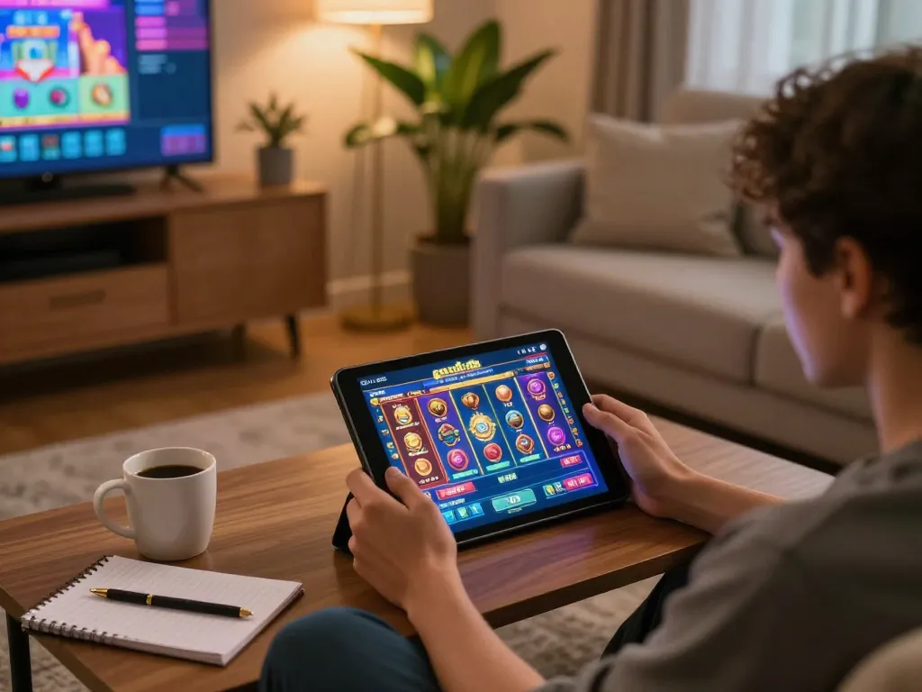 Engaging in slot gacor gampang menang online gaming with a tablet in a cozy living space.