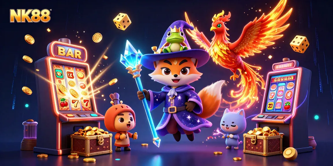 Experience the excitement of NK88's casino world with vibrant wizards and jackpots sparking energy.