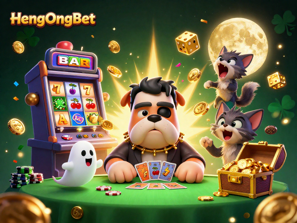 Join the action at HengOngBet with a lively casino scene featuring a Frankenstein bulldog dealer.