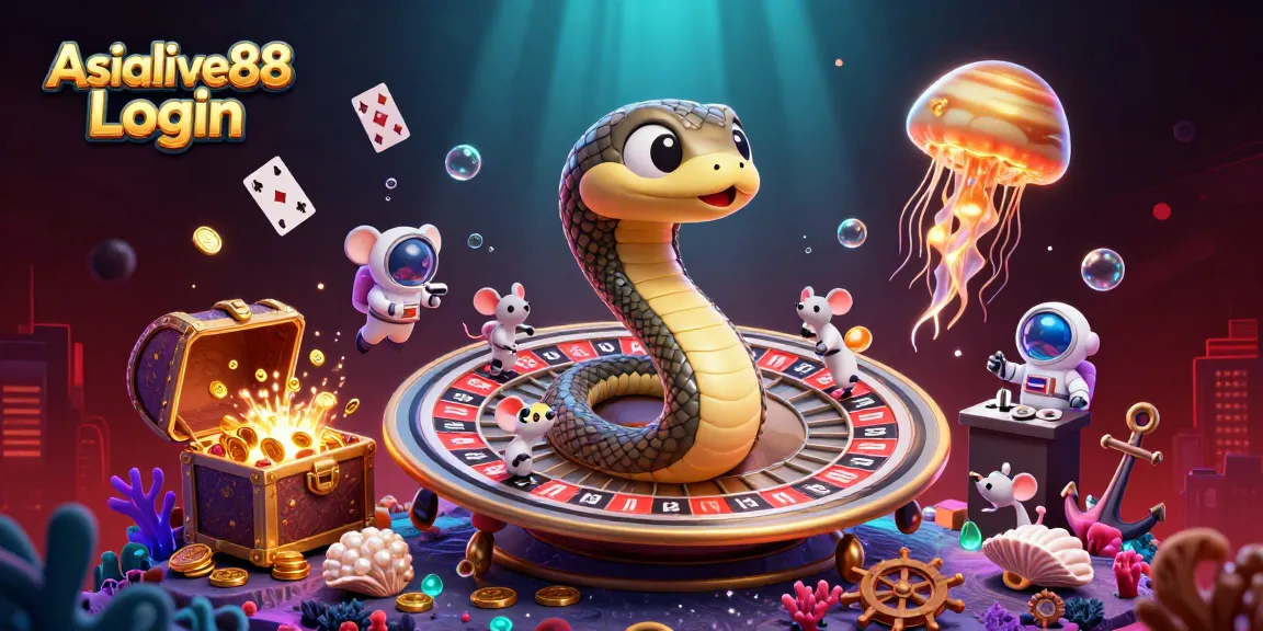 Experience the thrilling Asialive88 Login with cartoon characters gambling in a vibrant cosmic casino scene.