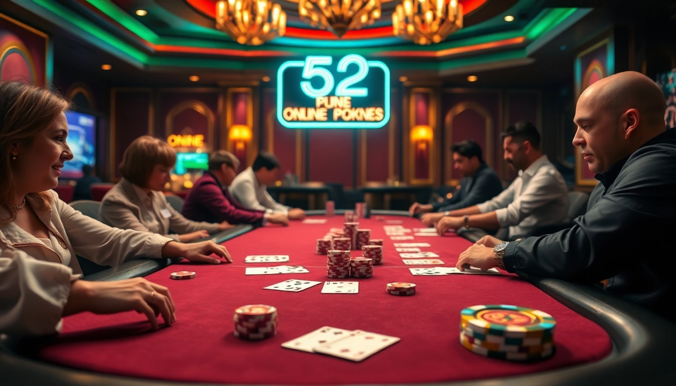 b52club poker scene showcasing players in a luxurious casino atmosphere with high-stakes action.