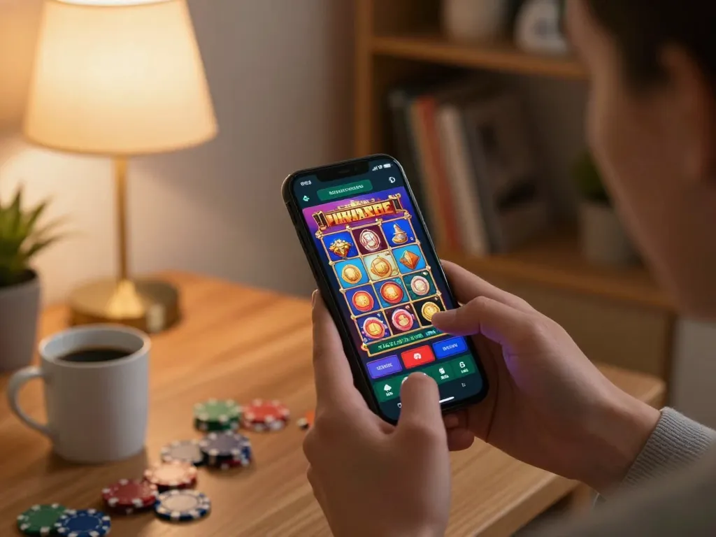 Alev app user enjoying gaming on smartphone while seated in cozy living room.