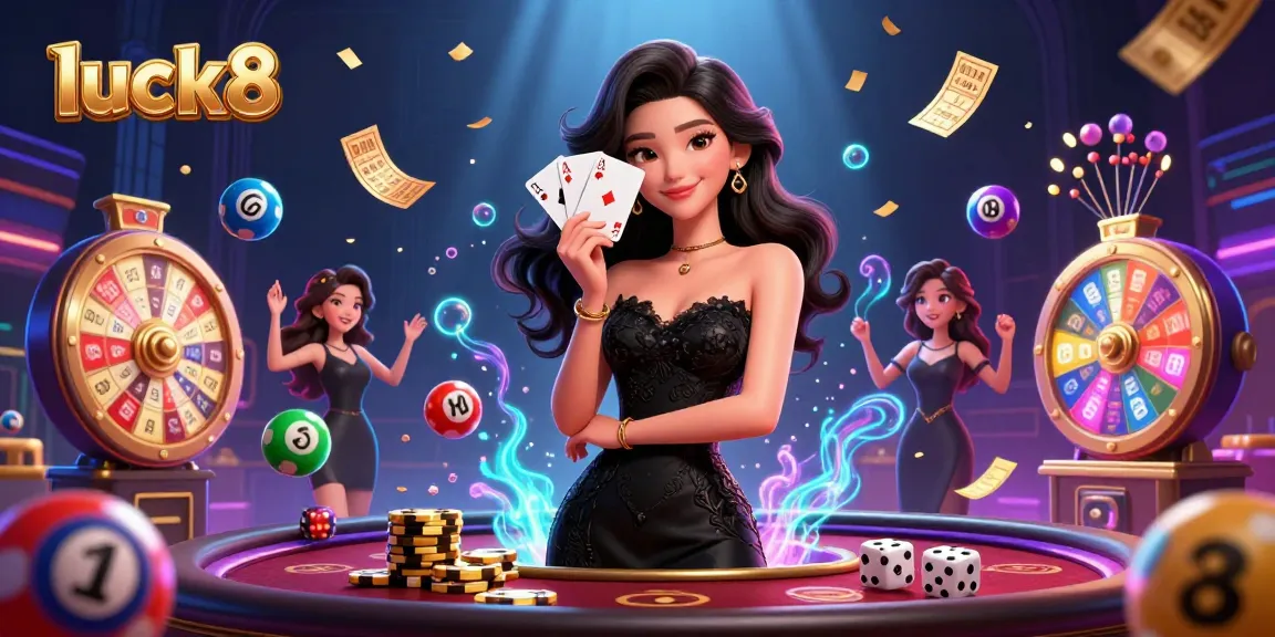 Experience luck8 with a glamorous Asian woman holding playing cards in a vibrant casino scene.