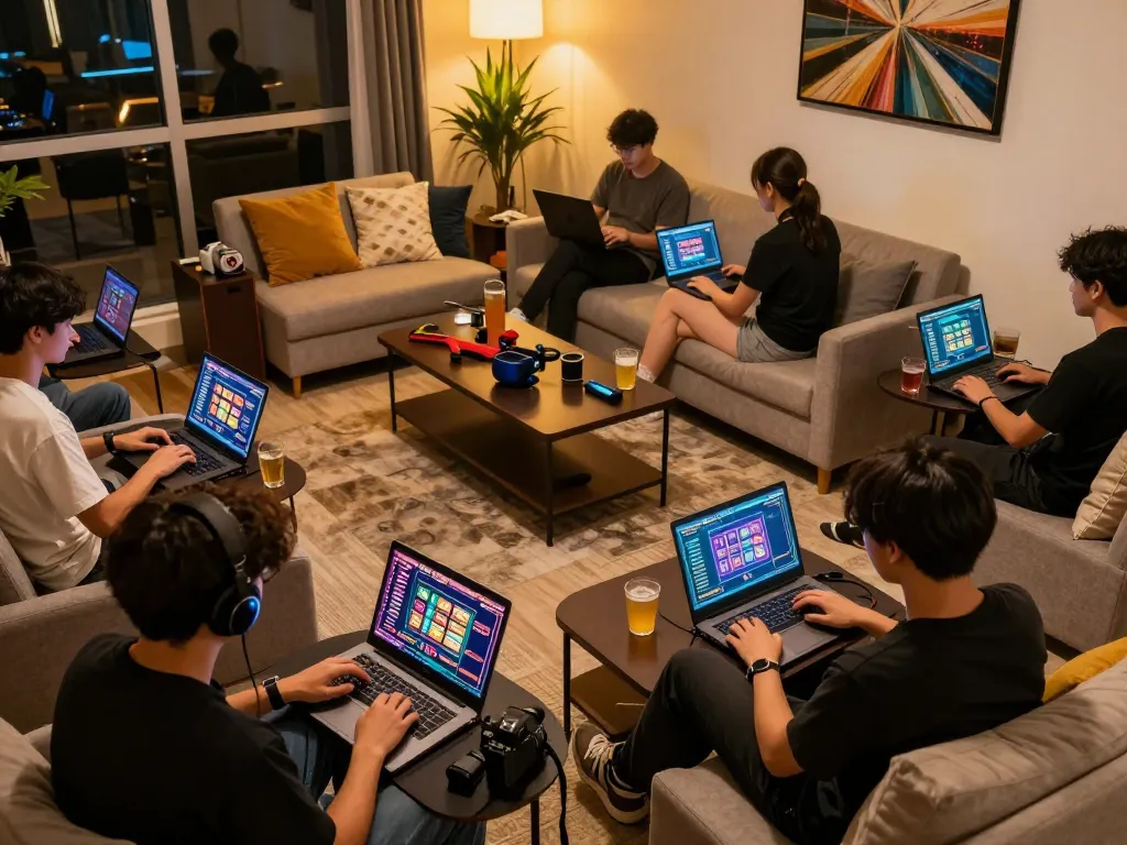 Players engaging with the AZTEC888 online gaming platform from a stylish home setting, showcasing vibrant interfaces and cozy atmosphere.