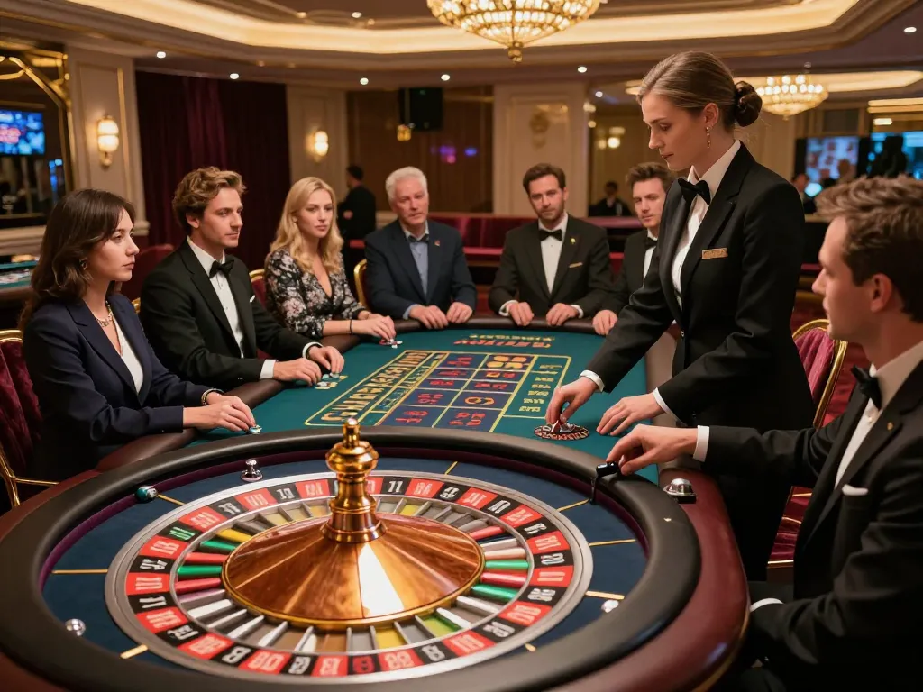 Experience the thrill of a roulette game at ok8386 casino, featuring excited players and vibrant decor.