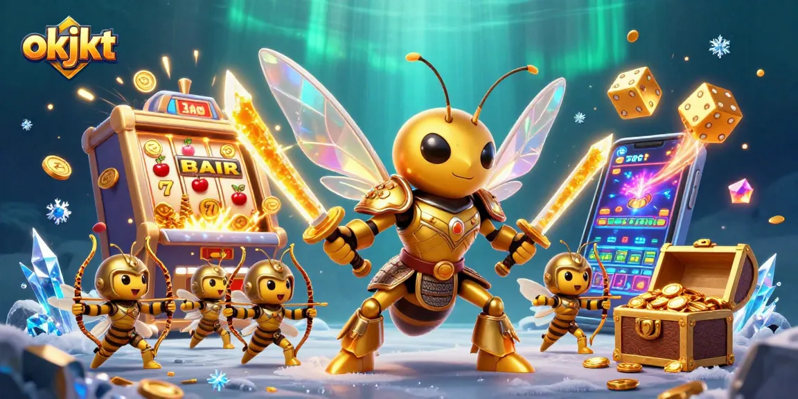 Memenangkan jackpot dengan okjkt! Ilustrasi kasino bertema 3D menunjukkan peluang besar dengan karakter menarik.