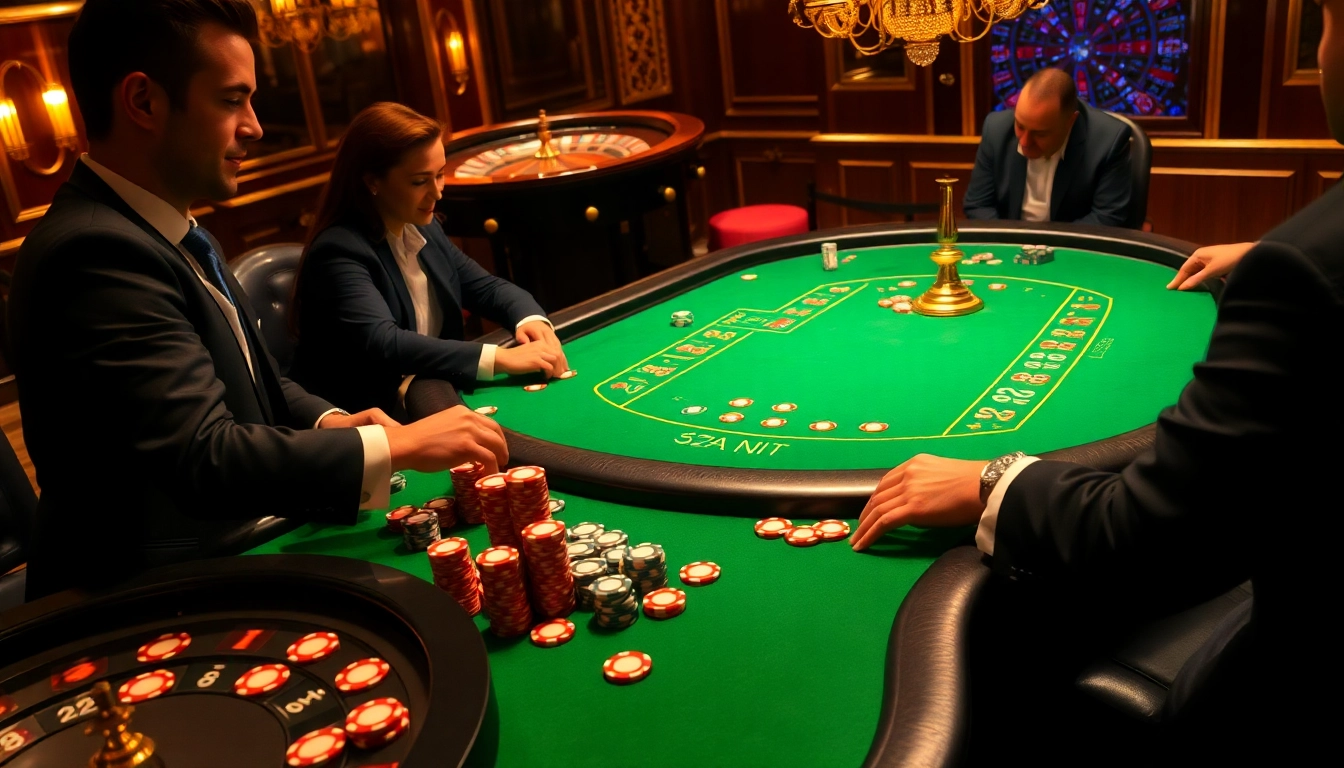 32win excitement as players engage in a high-stakes poker game in a luxurious casino.