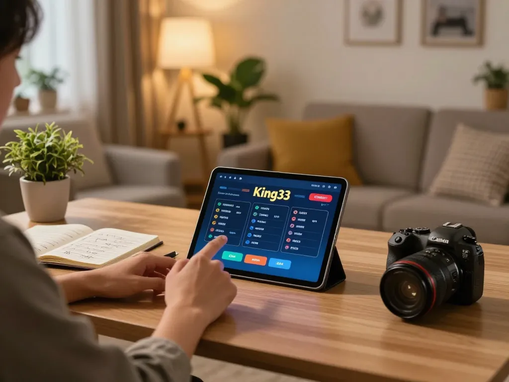 Engaging with the king33 casino app on a tablet at home, depicting online gambling.