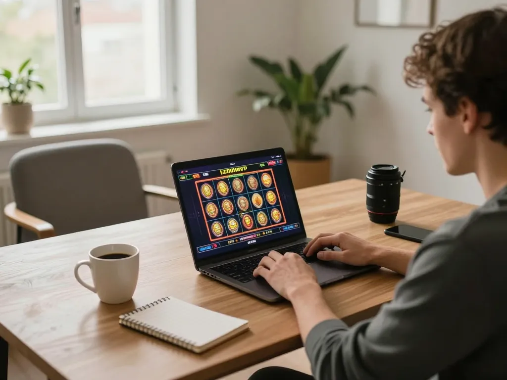 A player enjoys online slots at home on 123bmvp's platform, creating a relaxed yet strategic atmosphere
