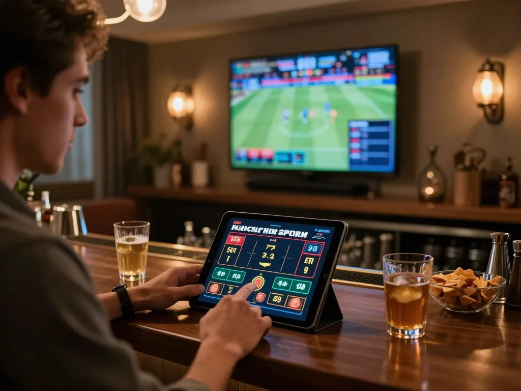 Engaging in sports betting with keo nha cai on tablet, live odds displayed in an elegant home setting.