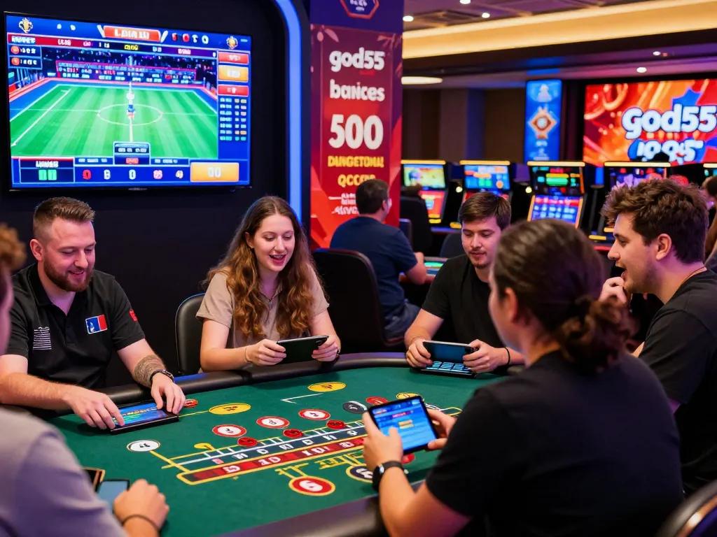 Excited players engaging with interactive games and sports betting on god55 online casino.