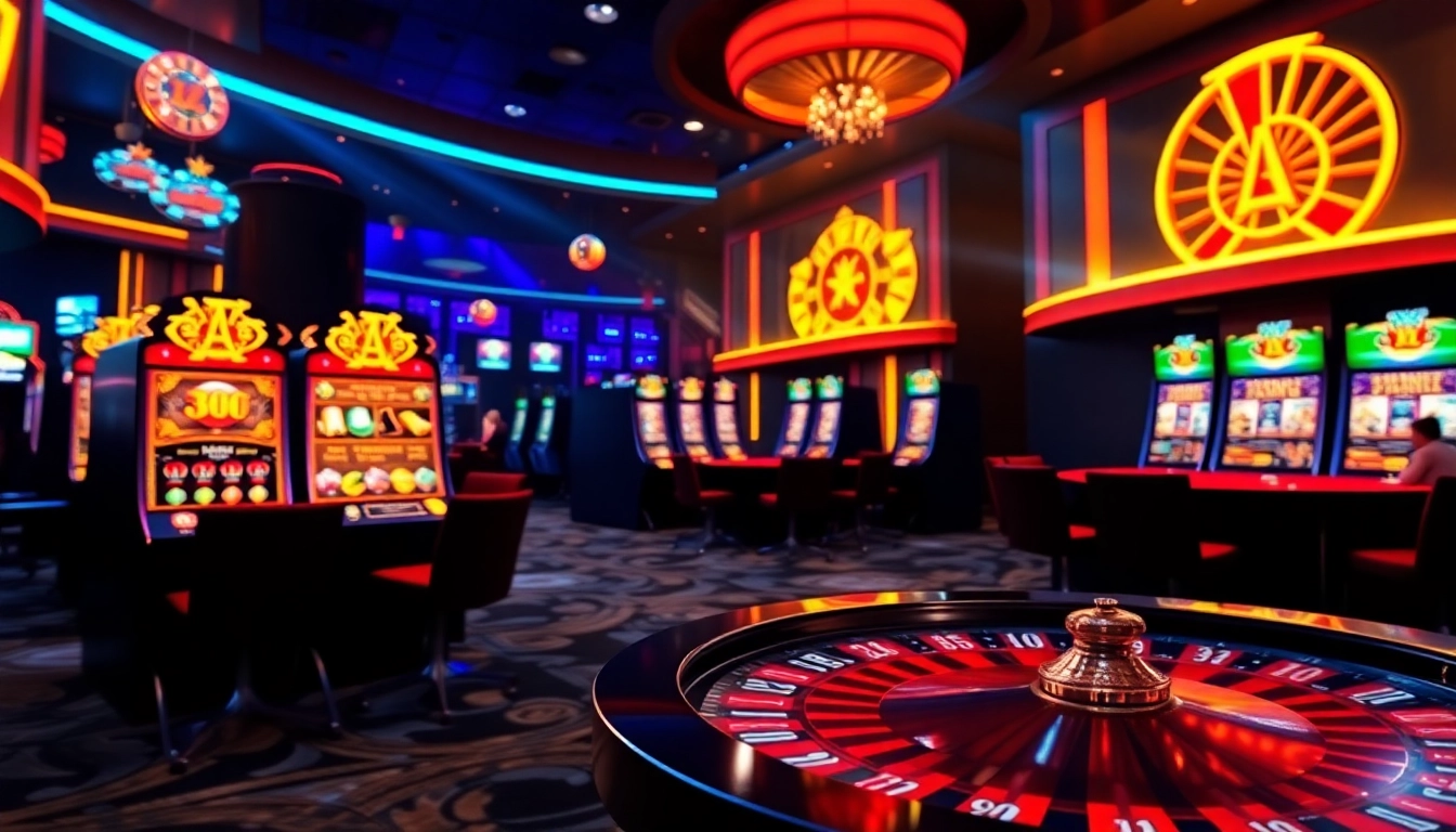Sebuah pemandangan yang menarik dari aman788 slot online yang menampilkan mesin slot yang berwarna-warni, chip kasino, dan roda roulette untuk pengalaman perjudian yang imersif.