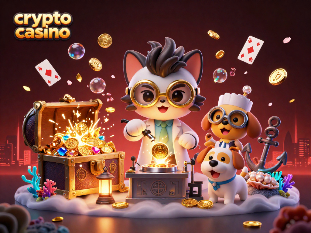 Engage in a vibrant crypto casino scene with cartoon characters creating gold coins amidst treasures.