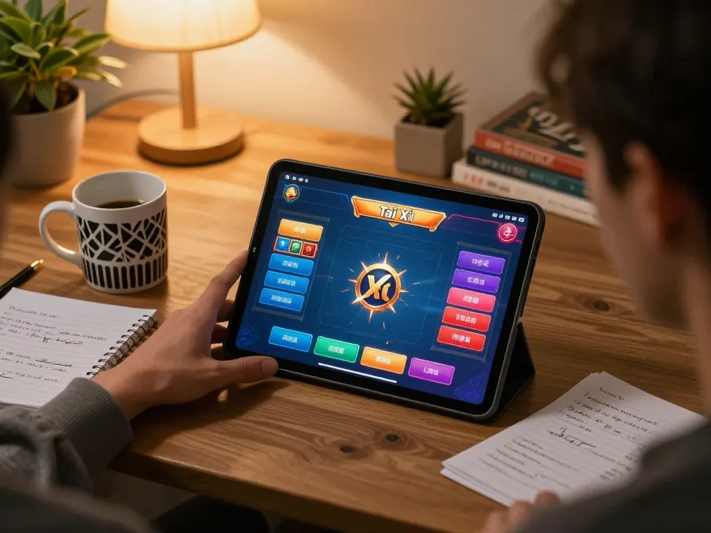 Tài xỉu online gameplay on a tablet, capturing an engaging home atmosphere with strategic notes and a cozy setup.