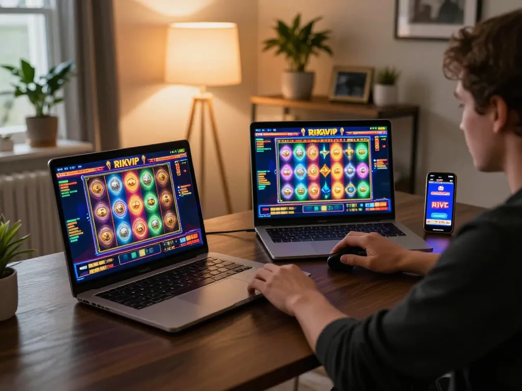 Engaging in exciting RIKVIP gameplay on a laptop while enjoying the vibrant gaming interface