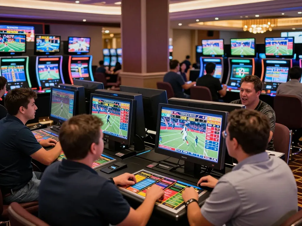 TG88 sports betting excitement with patrons placing bets at live game screens in a vibrant casino atmosphere.