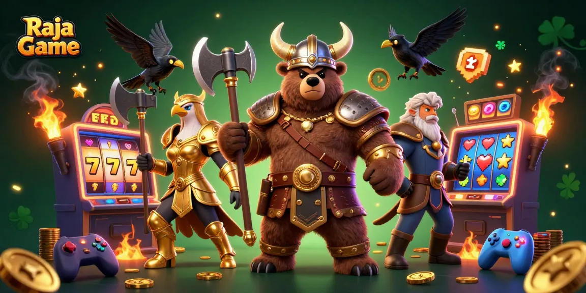 Engage with Raja Game's thrilling slot machine adventures, featuring vibrant characters and casino elements.