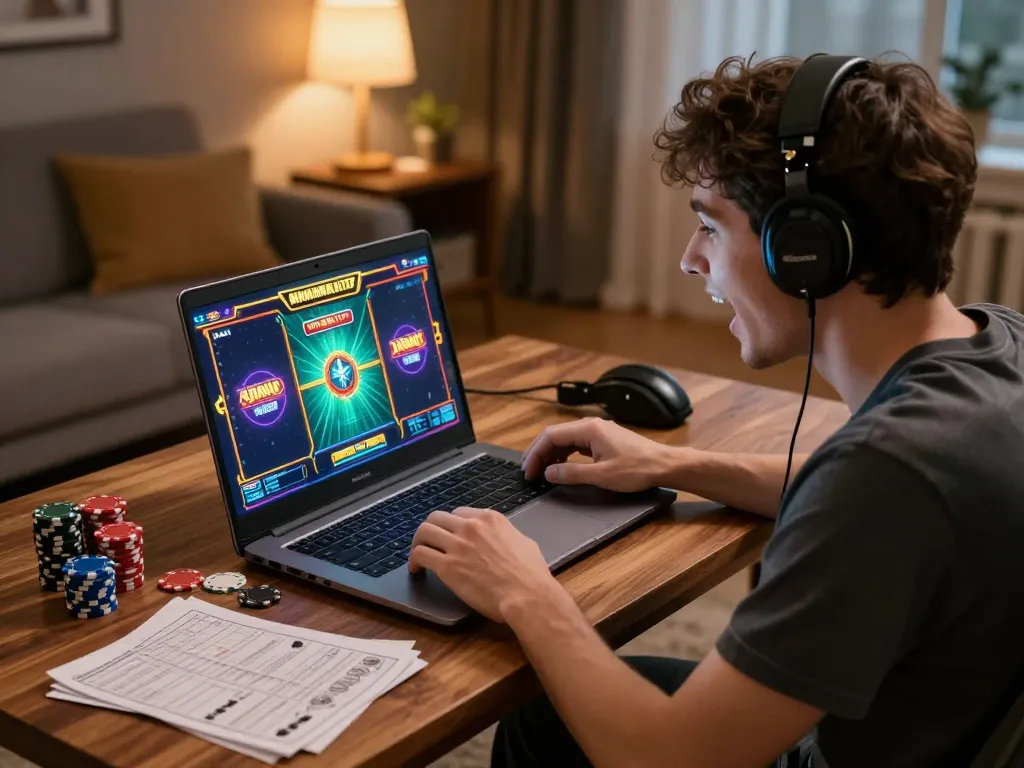 Engaging online slot game at home using nk88mvp platform with colorful graphics and laptop.