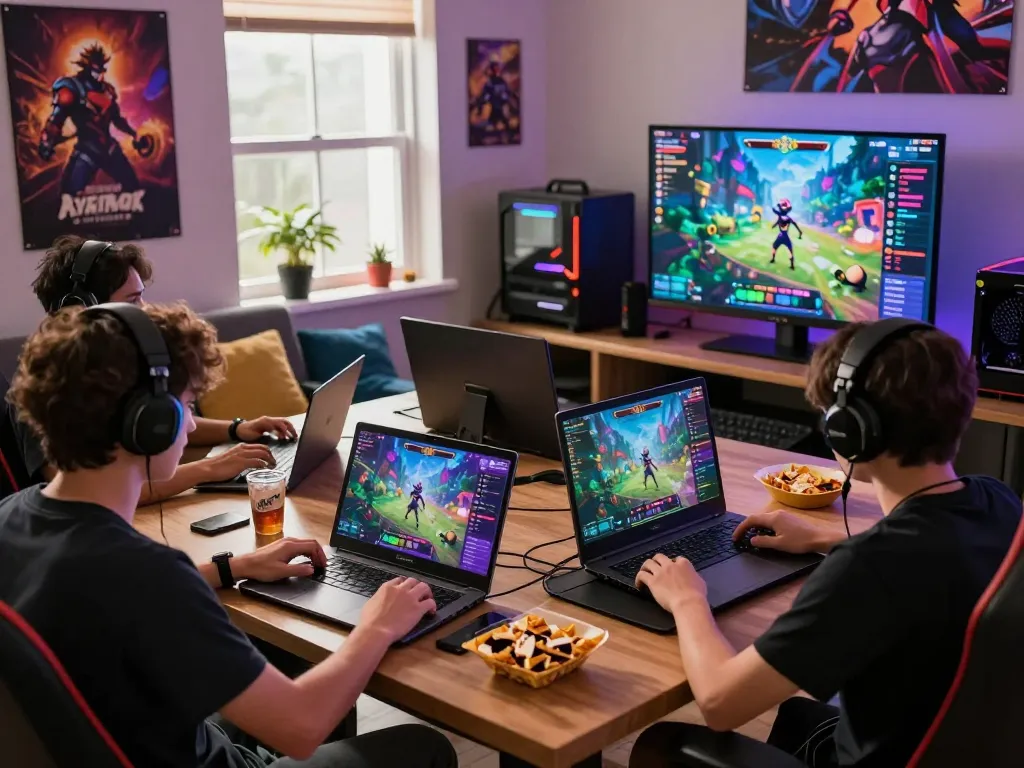 Engaging scene of gamers playing html porn games on laptops and tablets, showcasing immersive virtual worlds.