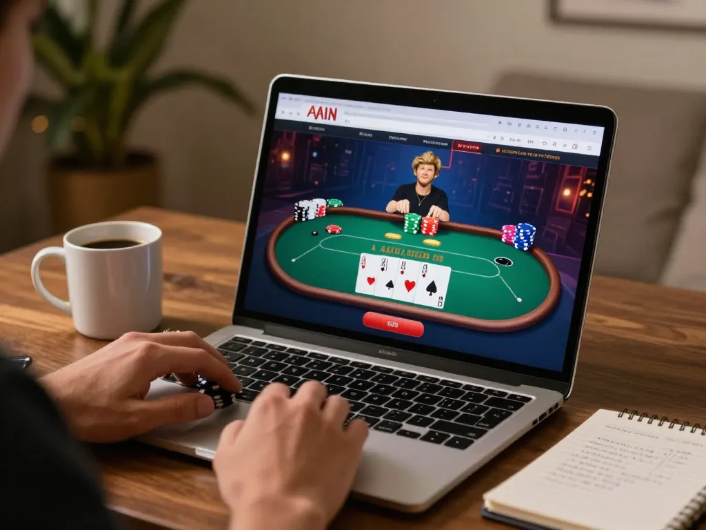 Playing poker online at home using the God55 interface, highlighting strategic gaming action.