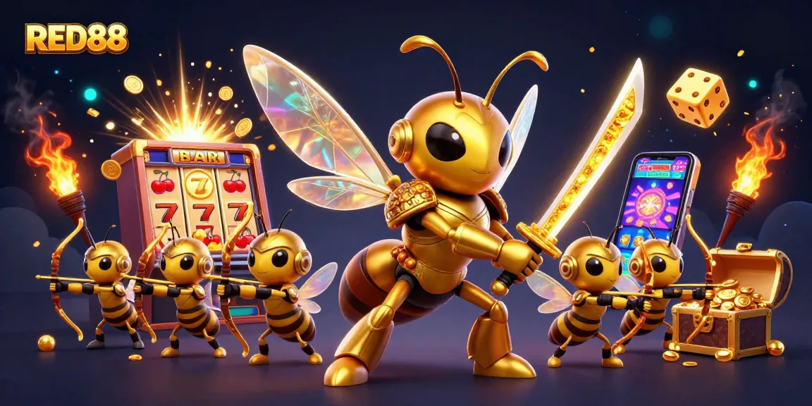Experience the excitement of RED88 as golden hornets battle for casino jackpots amidst dynamic elements.