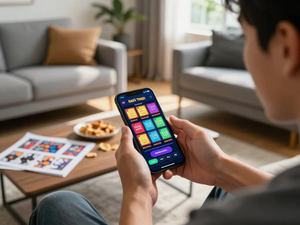 Engaging with gta togel betting app on smartphone in a cozy living room setting